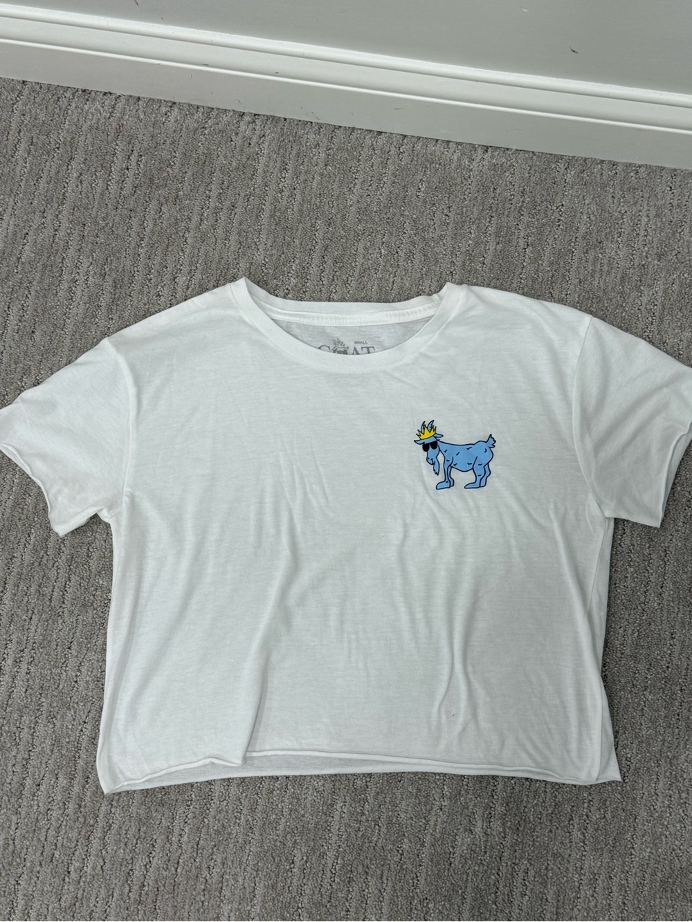 Woman’s Goat USA Short Sleeve Cropped Tee with Blue Goat Graphic
